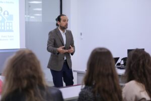 Petrit Tahiri from the Kosovo Education Center (KEC) holds a lecture for the students of AAB College