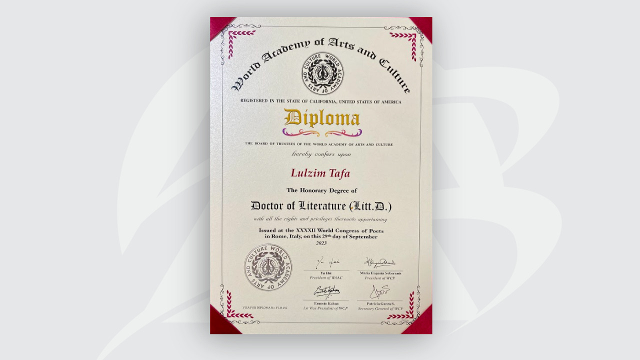 Rector of AAB College Lulzim Tafa is honored with the title "Doctor of Literature" at the World Congress of Poets